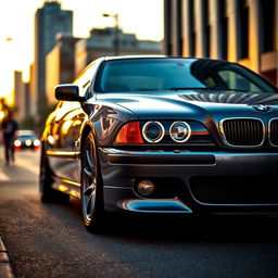 A stunning BMW E39 showcased in a dynamic urban setting, featuring the iconic blue and white BMW logo, sleek lines, and the car's characteristic detailed front grille