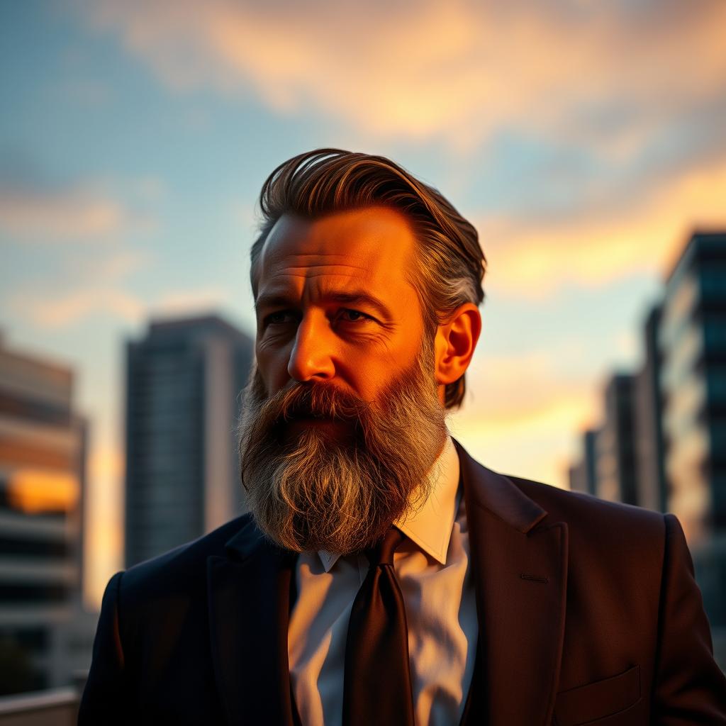A mature and confident man with a well-groomed beard, dressed in a stylish, tailored suit, standing against a modern urban backdrop