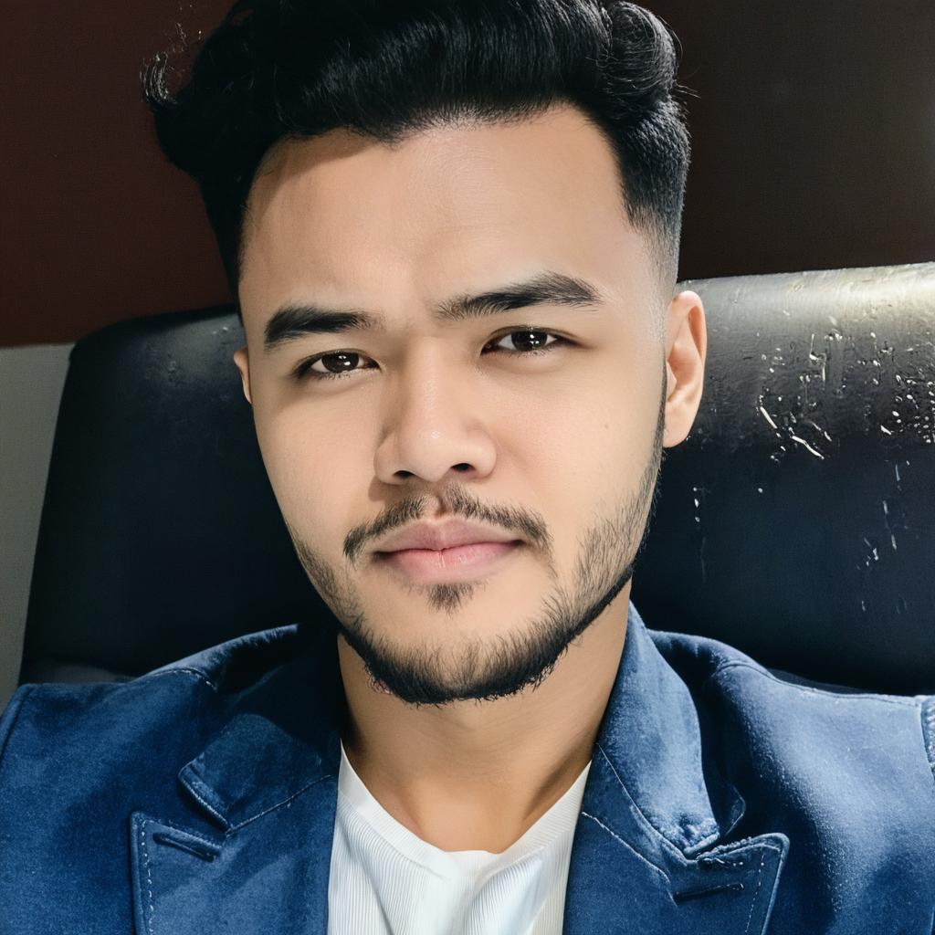 a smart man with gentle haircut with navy blue suit