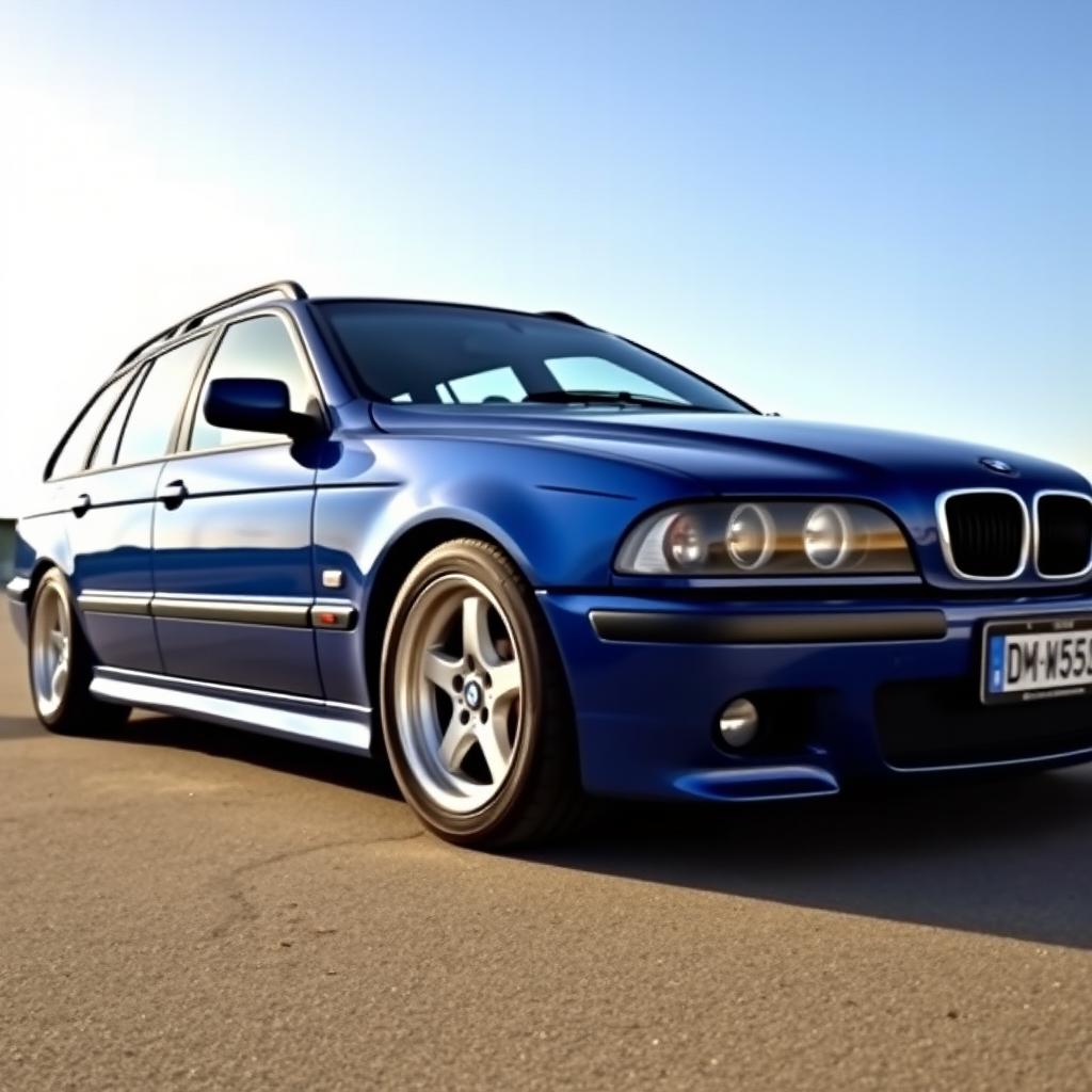 A stunning blue 2002 BMW E39 Touring model, showcasing a sleek and elegant design
