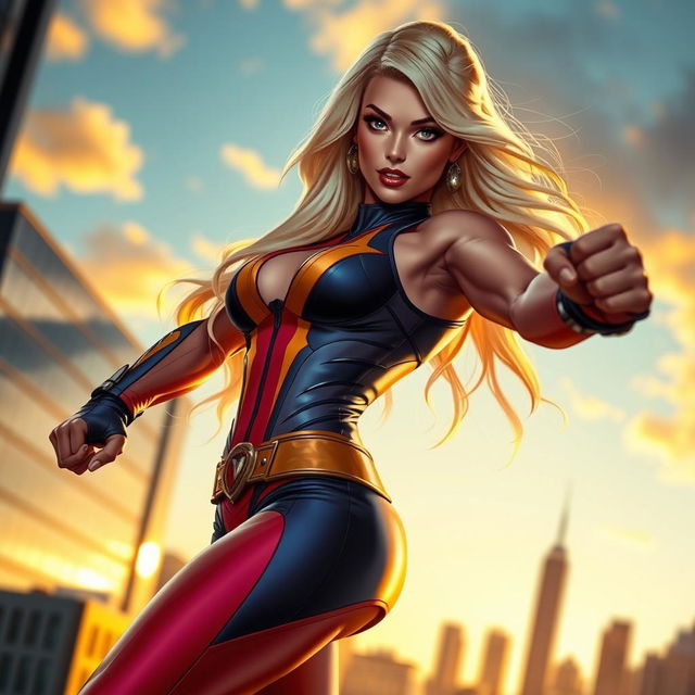 A beautiful, curvaceous female character with long blonde hair, inspired by the style of comic book superheroes