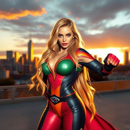 A beautiful, curvaceous female character with long blonde hair, inspired by the style of comic book superheroes