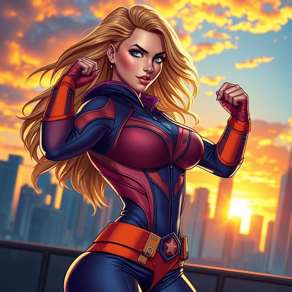 A beautiful, curvaceous female character with long blonde hair, inspired by the style of comic book superheroes