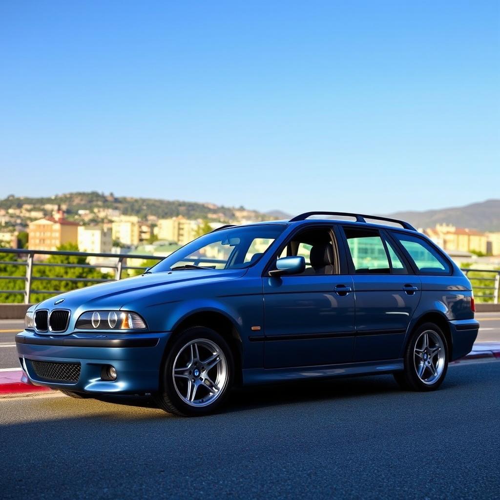 A BMW E39 Touring from 2002 with a bluish color, without M package, featuring a subtle lowering and 17-inch M Power wheels