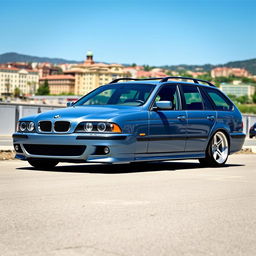 A BMW E39 Touring from 2002 with a bluish color, without M package, featuring a subtle lowering and 17-inch M Power wheels
