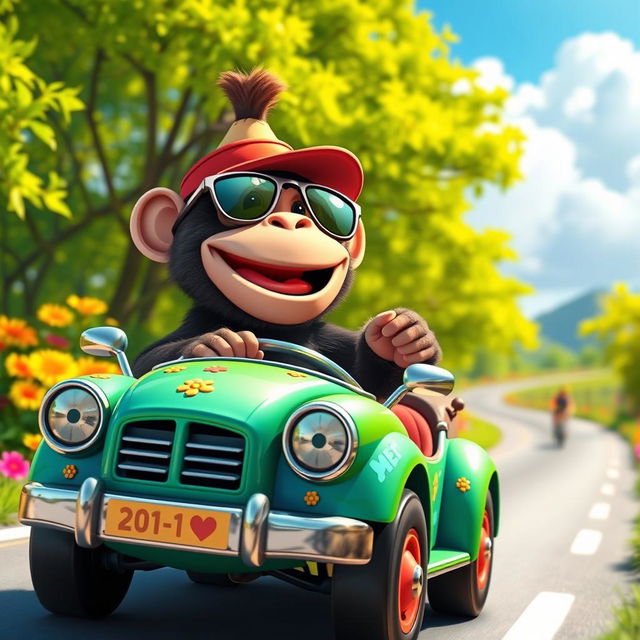 A playful monkey driving a colorful cartoon car, with a big smile on its face