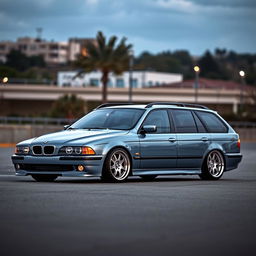 A BMW E39 Touring in a sleek grey-blue color, featuring a smooth roof without any trim