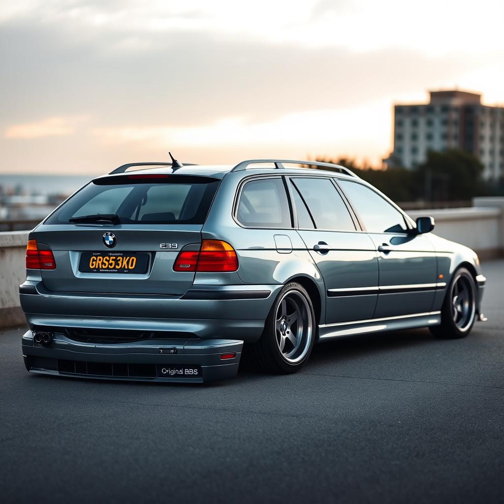 A BMW E39 Touring in a sleek grey-blue color, featuring a smooth roof without any trim