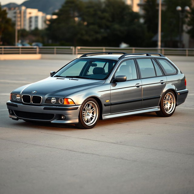 A BMW E39 Touring in a sleek grey-blue color, featuring a smooth roof without any trim