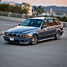 A BMW E39 Touring in a sleek grey-blue color, featuring a smooth roof without any trim