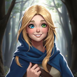 A realistic DND style portrait of a 16-year-old female bard with blonde hair, one blue eye and one green eye
