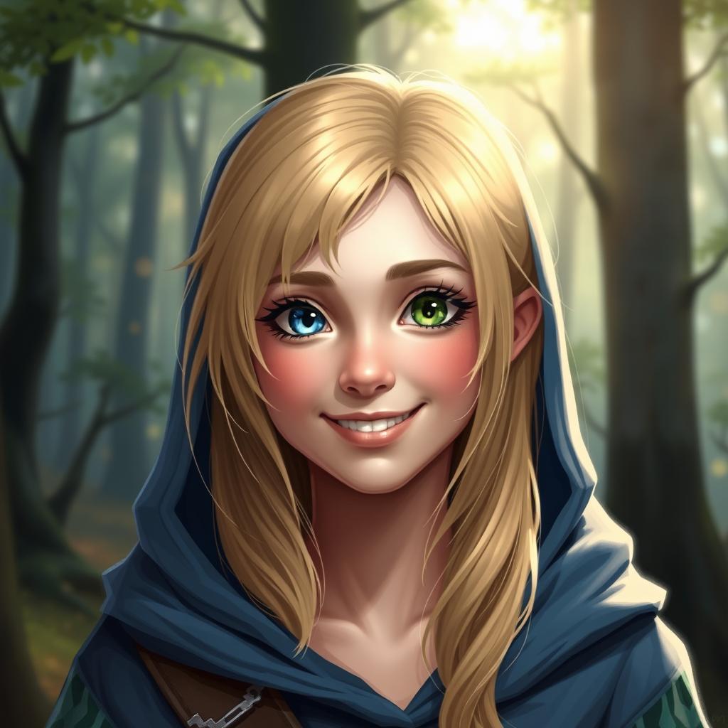 A realistic DND style portrait of a 16-year-old female bard with blonde hair, one blue eye and one green eye
