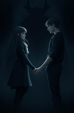 A dark, moody scene with a girl and a boy standing apart, both looking in opposite directions yet their hands are almost touching