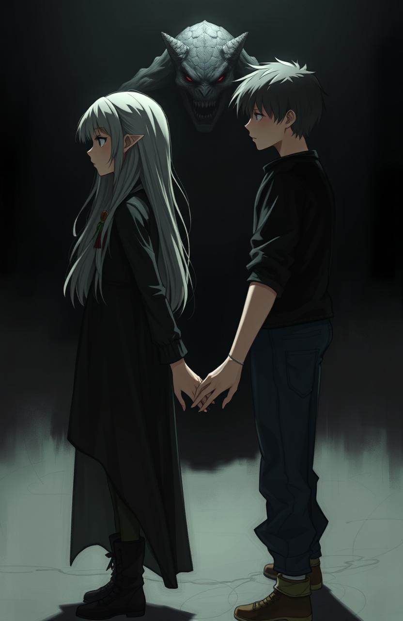 A dark, moody scene with a girl and a boy standing apart, both looking in opposite directions yet their hands are almost touching