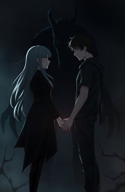 A dark, moody scene with a girl and a boy standing apart, both looking in opposite directions yet their hands are almost touching