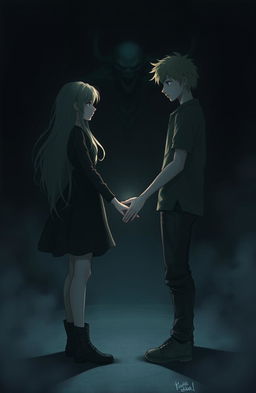A dark, moody scene with a girl and a boy standing apart, both looking in opposite directions yet their hands are almost touching