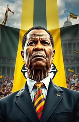 A powerful portrait of Yoweri Museveni, the President of Uganda, depicted in a dynamic political environment