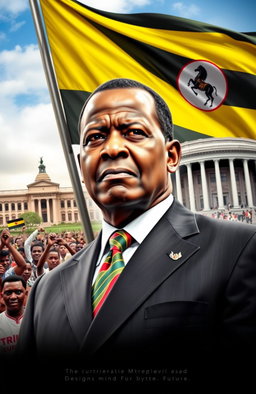 A powerful portrait of Yoweri Museveni, the President of Uganda, depicted in a dynamic political environment