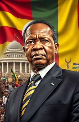 A powerful portrait of Yoweri Museveni, the President of Uganda, depicted in a dynamic political environment