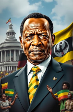 A powerful portrait of Yoweri Museveni, the President of Uganda, depicted in a dynamic political environment