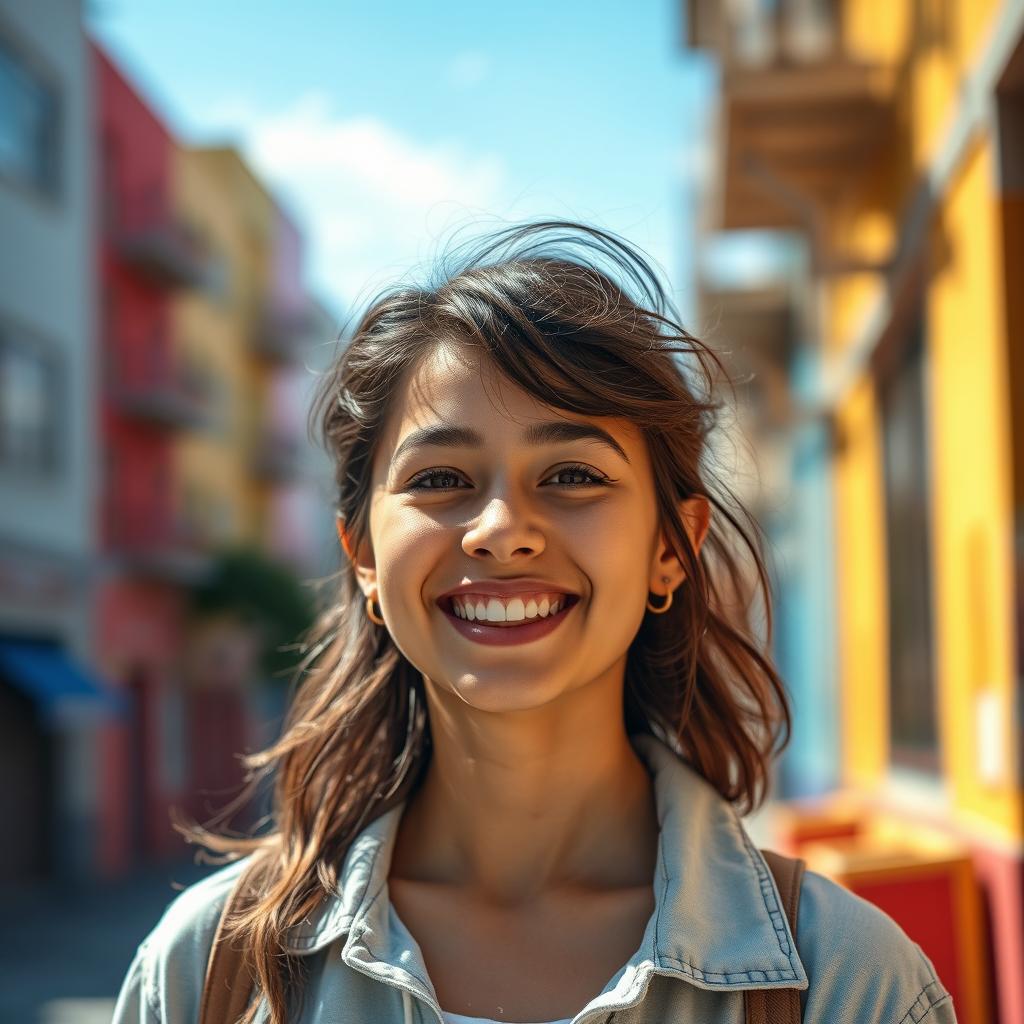A vibrant and artistic portrait of a young adult with an engaging smile, showcasing natural features and a warm expression