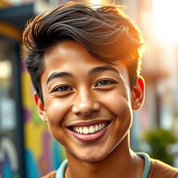 A vibrant and artistic portrait of a young adult with an engaging smile, showcasing natural features and a warm expression