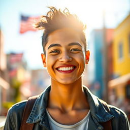 A vibrant and artistic portrait of a young adult with an engaging smile, showcasing natural features and a warm expression
