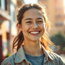 A vibrant and artistic portrait of a young adult with an engaging smile, showcasing natural features and a warm expression