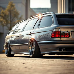 A low BMW E39 touring car fitted with stylish 65 wheels, showcasing its sleek and sporty design
