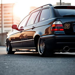 A low BMW E39 touring car fitted with stylish 65 wheels, showcasing its sleek and sporty design