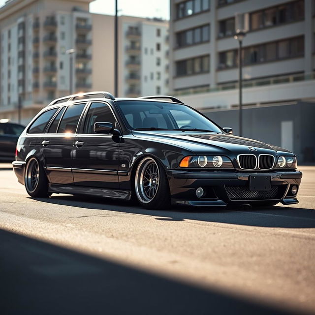 A low BMW E39 touring car fitted with stylish 65 wheels, showcasing its sleek and sporty design