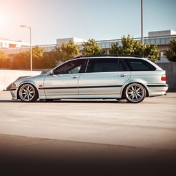 A low BMW E39 touring car fitted with stylish 65 wheels, showcasing its sleek and sporty design
