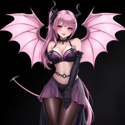A realistic and sexy dominant gothic anime succubus girl featuring delicate wings, thin horns, and a playful tail
