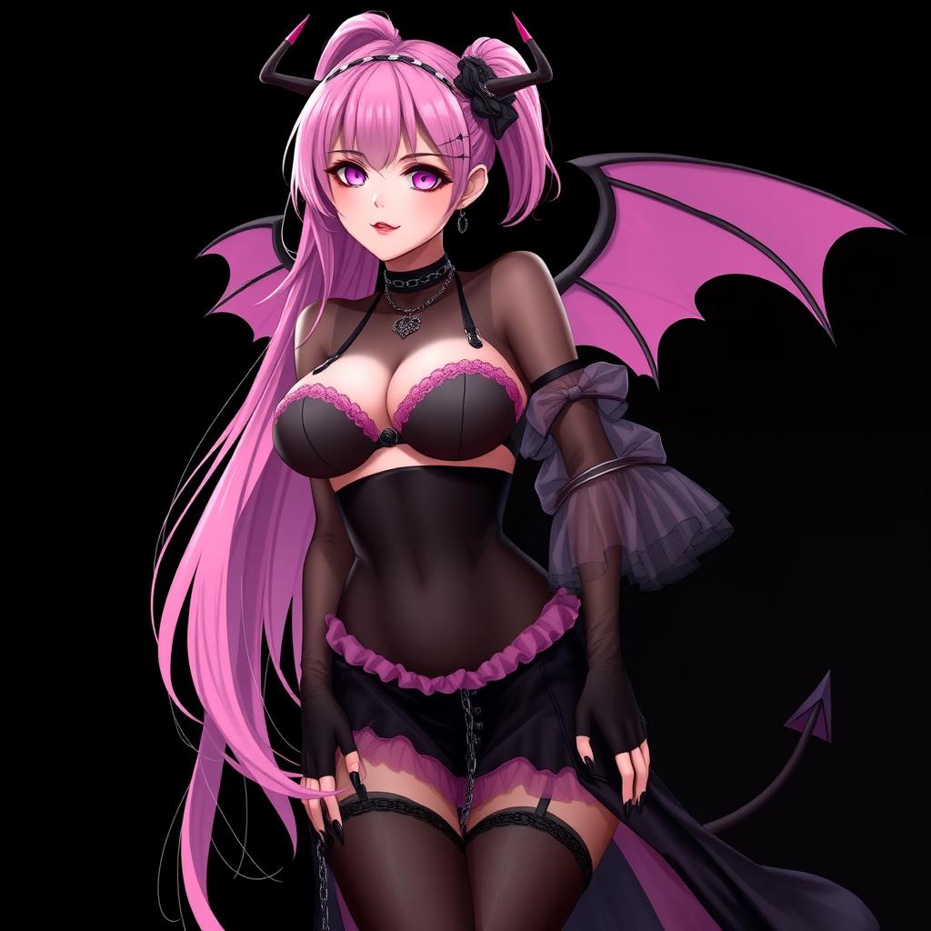 A realistic and sexy dominant gothic anime succubus girl featuring delicate wings, thin horns, and a playful tail