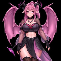 A realistic and sexy dominant gothic anime succubus girl featuring delicate wings, thin horns, and a playful tail