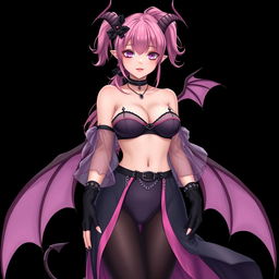 A realistic and sexy dominant gothic anime succubus girl featuring delicate wings, thin horns, and a playful tail