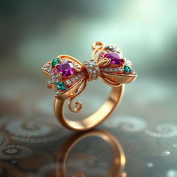 A realistic fantasy bow tie ring, intricately designed with colorful gemstones and delicate swirling patterns