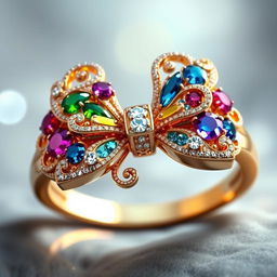 A realistic fantasy bow tie ring, intricately designed with colorful gemstones and delicate swirling patterns