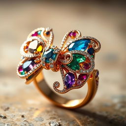 A realistic fantasy bow tie ring, intricately designed with colorful gemstones and delicate swirling patterns