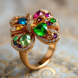 A realistic fantasy bow tie ring, intricately designed with colorful gemstones and delicate swirling patterns