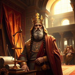 A majestic scene depicting the biblical figure King Solomon in an ornate setting, surrounded by rich tapestries and symbols of wisdom such as scrolls, a scale, and the famous judgment of Solomon with two women and a baby