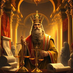 A majestic scene depicting the biblical figure King Solomon in an ornate setting, surrounded by rich tapestries and symbols of wisdom such as scrolls, a scale, and the famous judgment of Solomon with two women and a baby