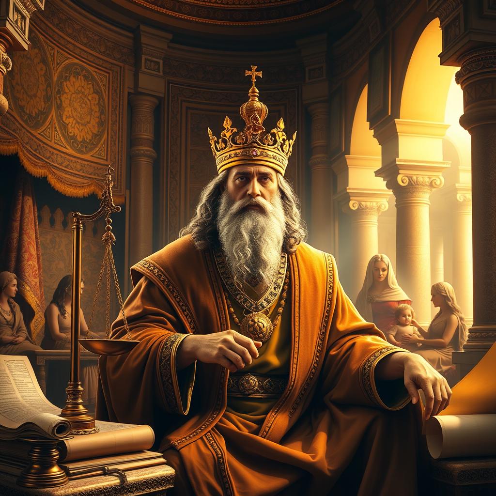 A majestic scene depicting the biblical figure King Solomon in an ornate setting, surrounded by rich tapestries and symbols of wisdom such as scrolls, a scale, and the famous judgment of Solomon with two women and a baby
