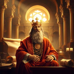 A majestic scene depicting the biblical figure King Solomon in an ornate setting, surrounded by rich tapestries and symbols of wisdom such as scrolls, a scale, and the famous judgment of Solomon with two women and a baby