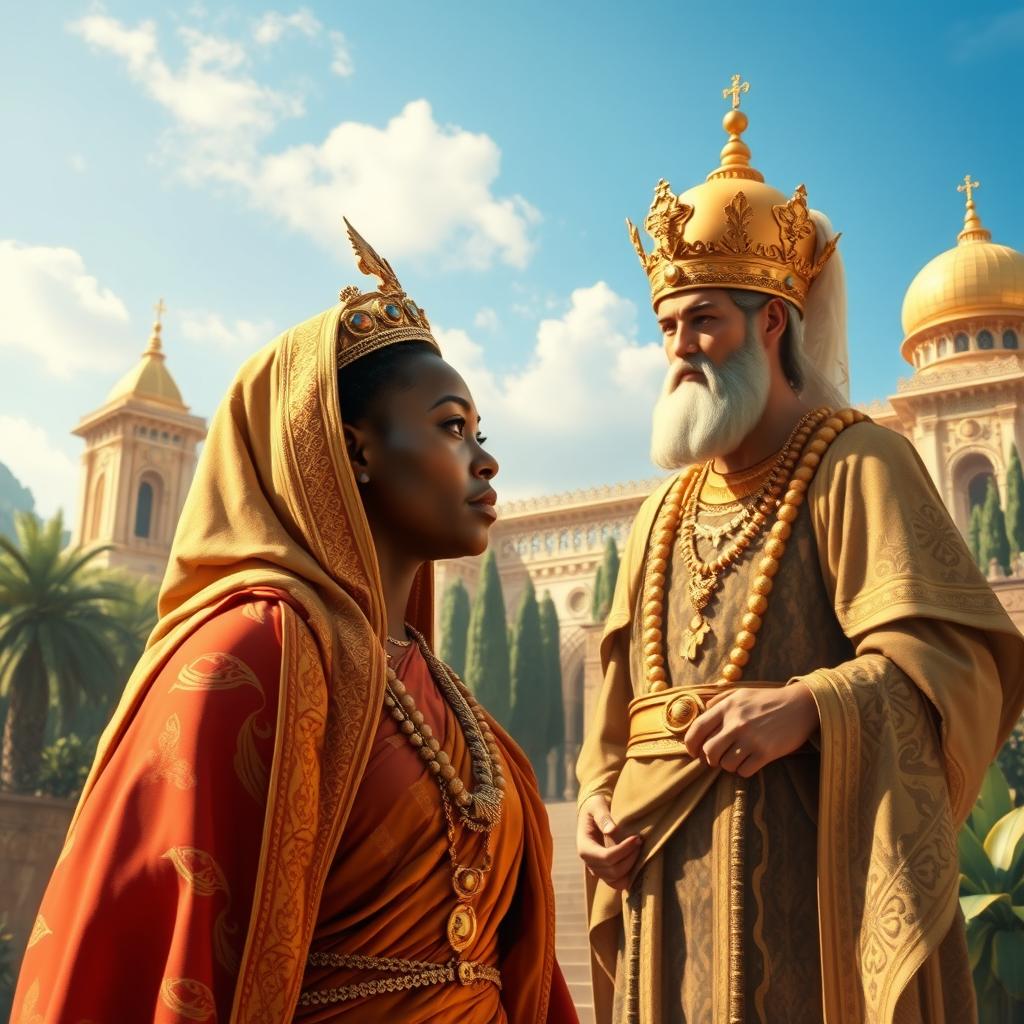A captivating scene illustrating the moment the Queen of Sheba arrives in Jerusalem to meet King Solomon
