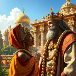 A captivating scene illustrating the moment the Queen of Sheba arrives in Jerusalem to meet King Solomon