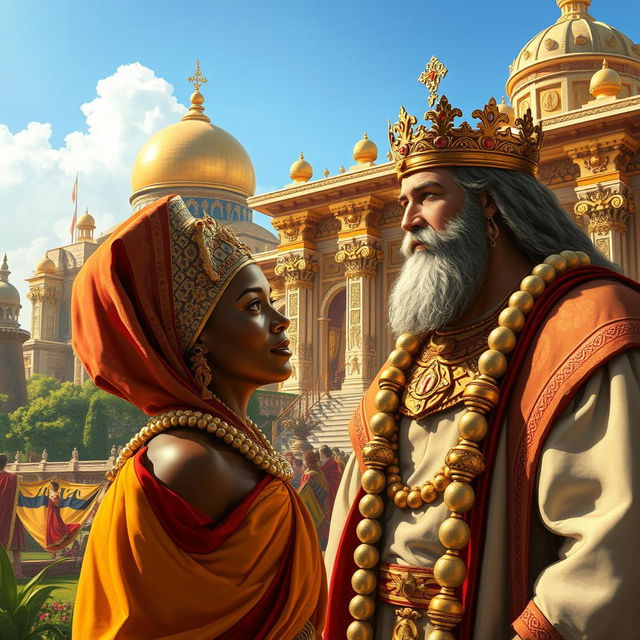 A captivating scene illustrating the moment the Queen of Sheba arrives in Jerusalem to meet King Solomon