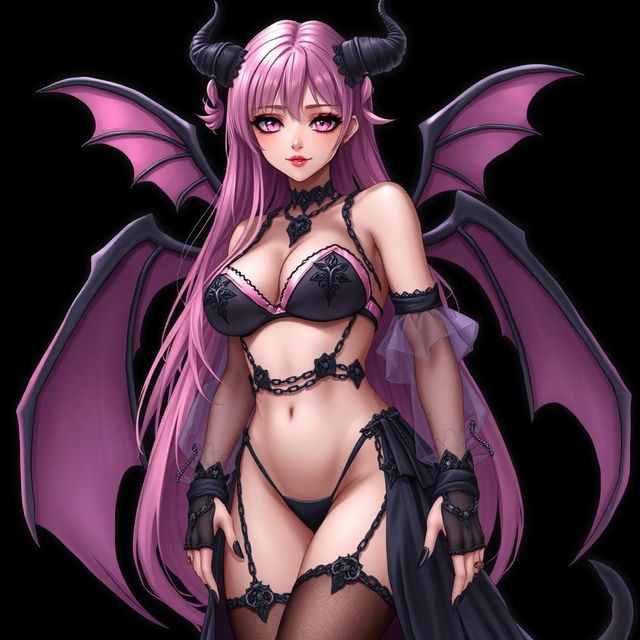 A realistic and sexy dominant gothic anime succubus girl featuring mesmerizing wings, thin horns, and a whimsical tail