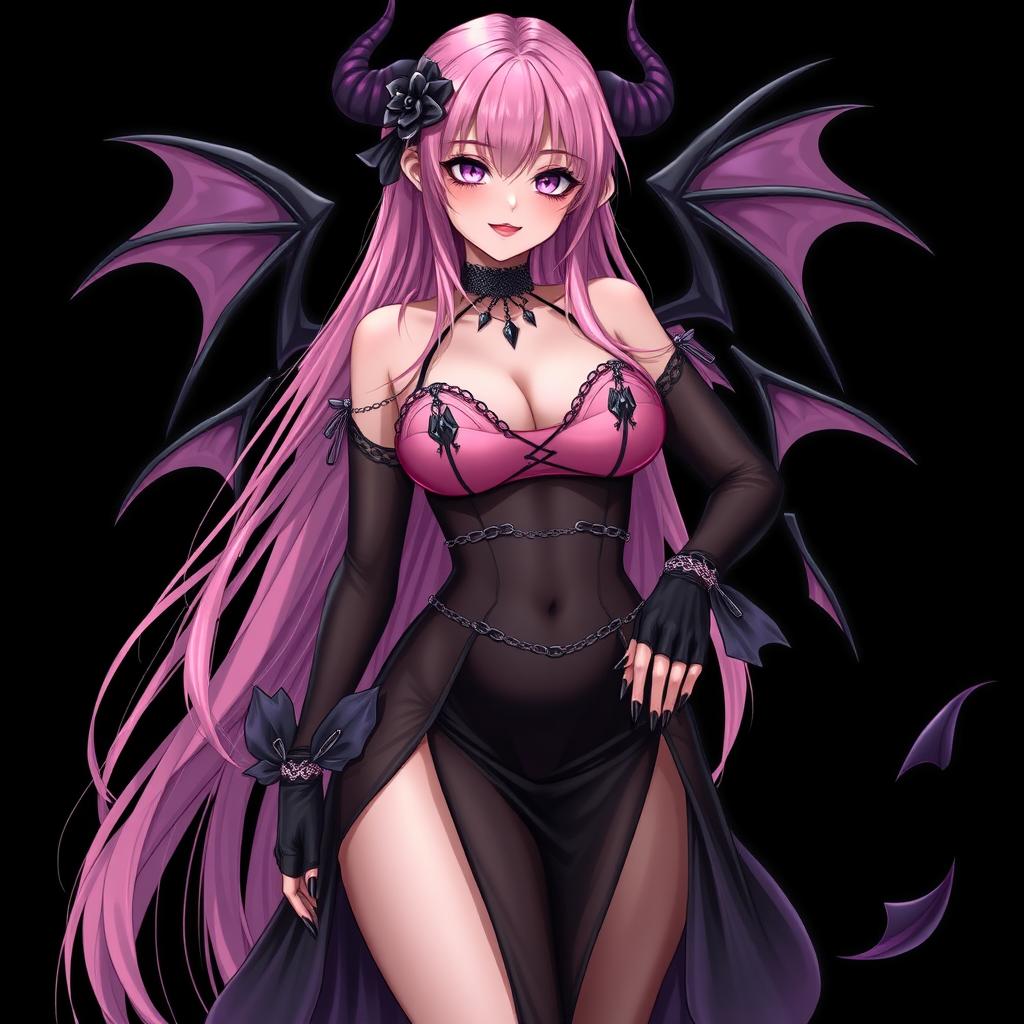 A realistic and sexy dominant gothic anime succubus girl featuring mesmerizing wings, thin horns, and a whimsical tail