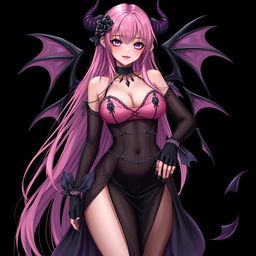 A realistic and sexy dominant gothic anime succubus girl featuring mesmerizing wings, thin horns, and a whimsical tail